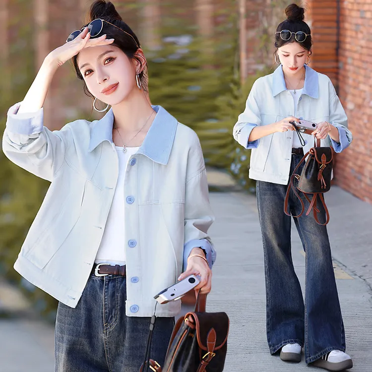 小清新撞色牛仔外套女秋季2025新款女装学院风小个子时尚短款上衣