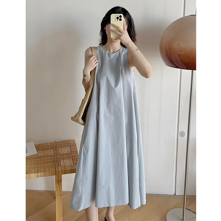 连衣裙A字无袖棉混纺遮肉显瘦连衣裙浅蓝色2025夏季新品休闲长裙