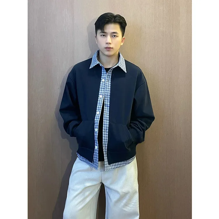 美式vintage新款开衫卫衣男秋冬衬衫领格子外套设计感长袖夹克