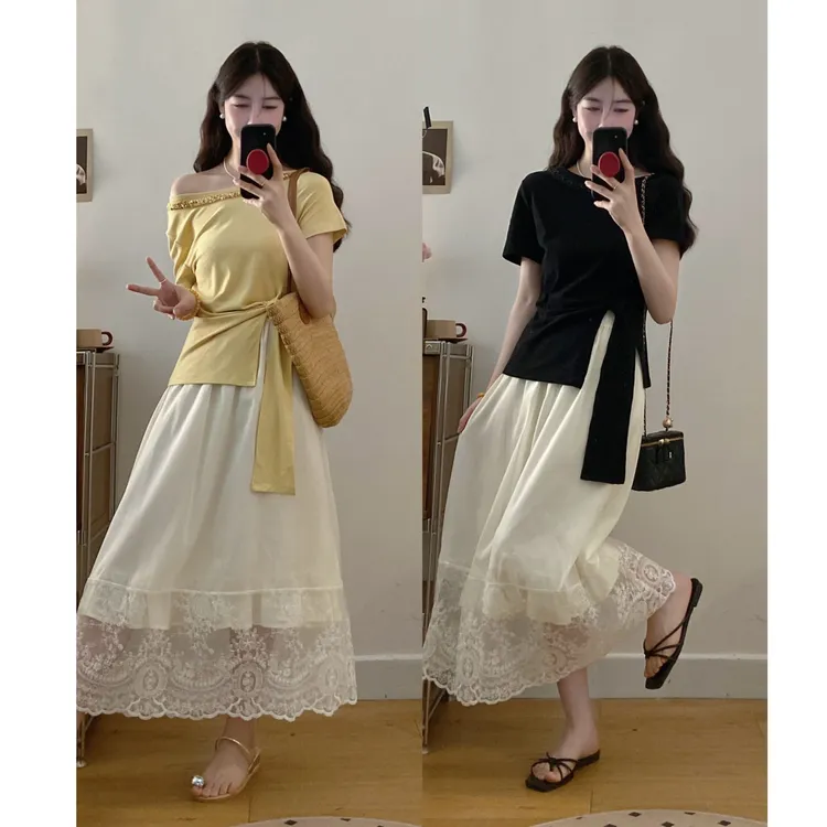 大码夏季新款韩系穿搭套装裙高级感斜肩上衣配蕾丝半身裙两件套