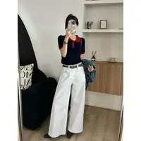SP 白牛豹纹腰带阔腿九分牛仔裤女秋季宽松休闲直筒裤
