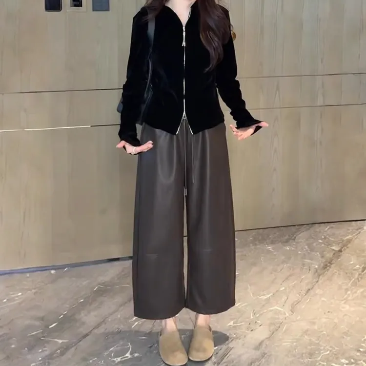 欧货抽绳松紧腰pu皮裤九分休闲裤女秋冬新款宽松显瘦八分直筒裤子