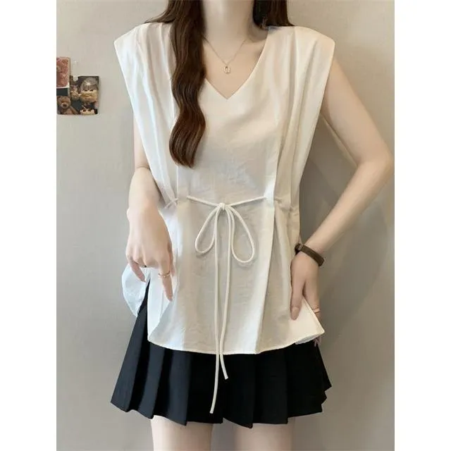 法式时尚无袖背心上衣2025夏季大码女装胖mm收腰遮肚别致V领小衫