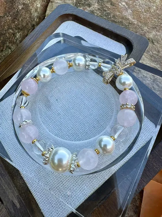 天然粉晶白水晶蝴蝶结手链芙蓉石招桃花时尚少女风轻奢仙女