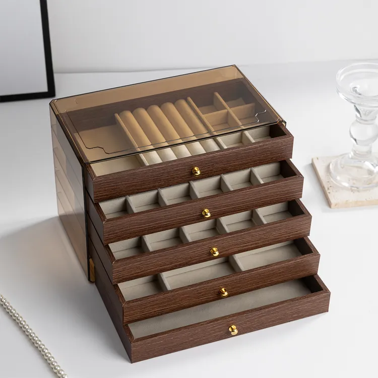 高档胡桃木首饰盒大容量桌面手链戒指耳钉收纳盒精致抽屉式饰品盒