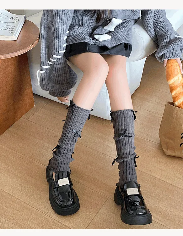【浠儿家】时尚芭蕾风套女蝴蝶结堆堆袜Lolita长筒针织秋冬小腿套