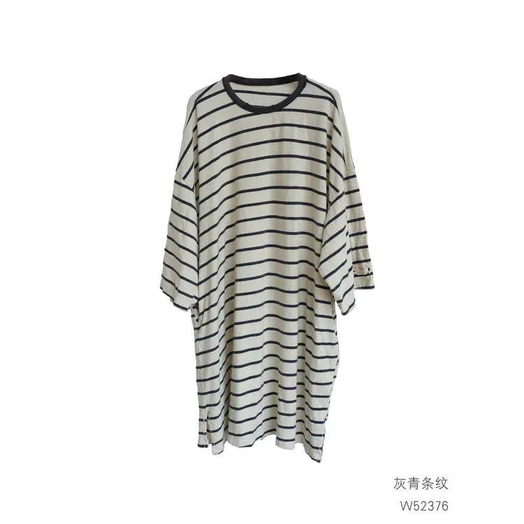 几见 原创设计春夏釉丝长T恤汉麻棉条纹连衣裙圆领简约慵懒W52376