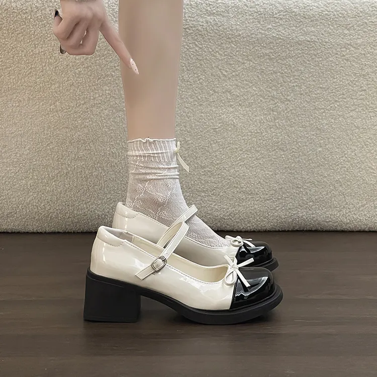 法式拼色优雅甜美玛丽珍鞋女士2026春新款圆头粗跟单鞋蝴蝶结百搭