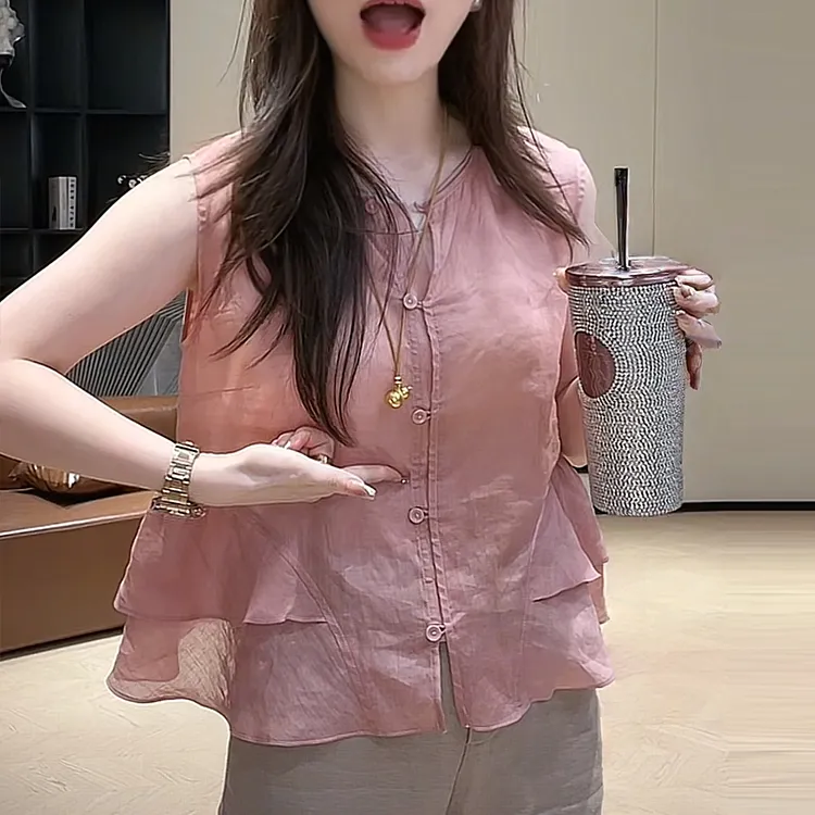 今年流行新款夏季圆领单排扣荷叶边无袖小衫气质上衣服洋气女装Y