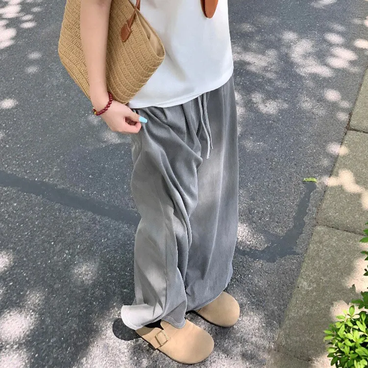 深灰色宽松慵懒风阔腿裤简约高腰直筒牛仔裤大码梨型遮胯显瘦长裤