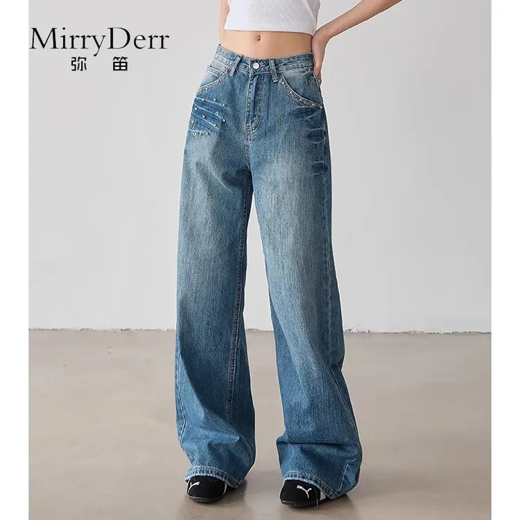 MirryDerr/弥笛时尚百搭直筒牛仔裤女2025夏季新款宽松显瘦阔腿裤