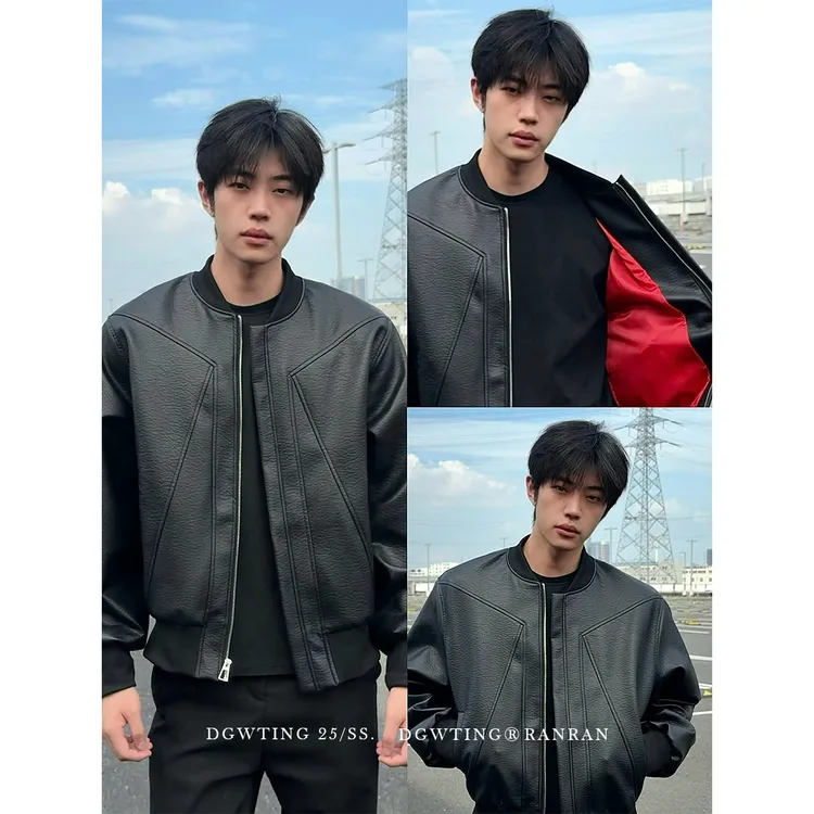 DGWTING美式复古黑色皮衣外套男秋季pu皮机车服高街短款飞行夹克