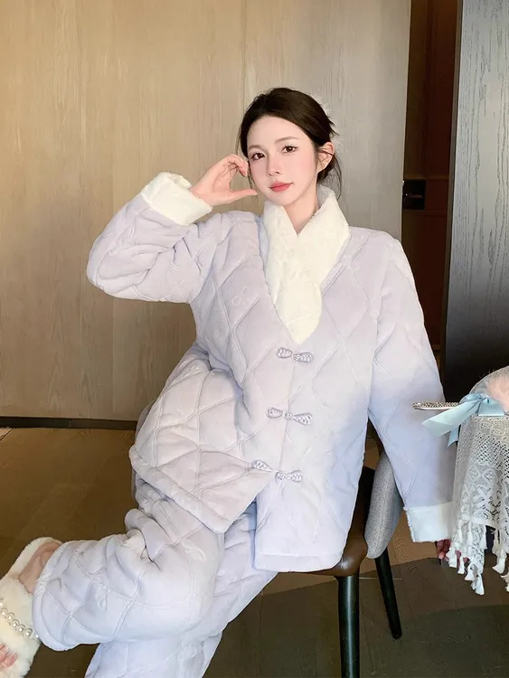 新中式珊瑚绒睡衣女冬季三层夹棉2025新款国风毛领加绒加厚家居服