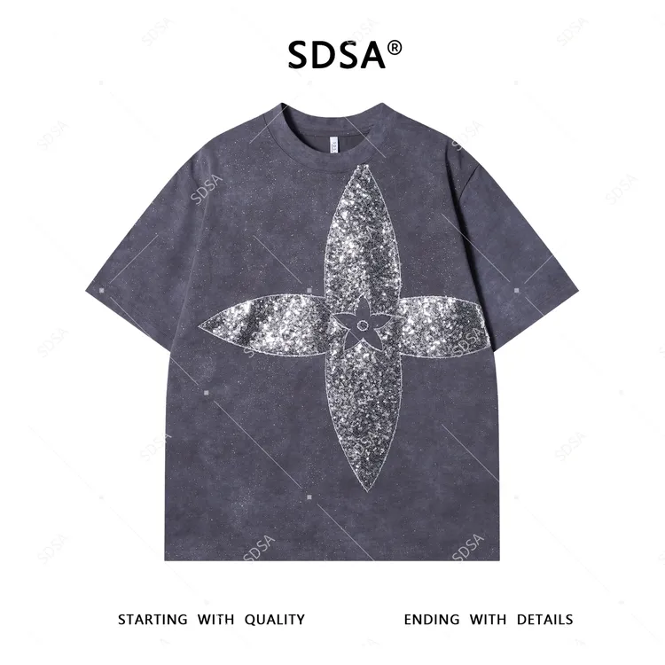 SDSA夏季新款男士痞帅潮牌满天星亮片十字设计圆领短袖T恤时尚潮