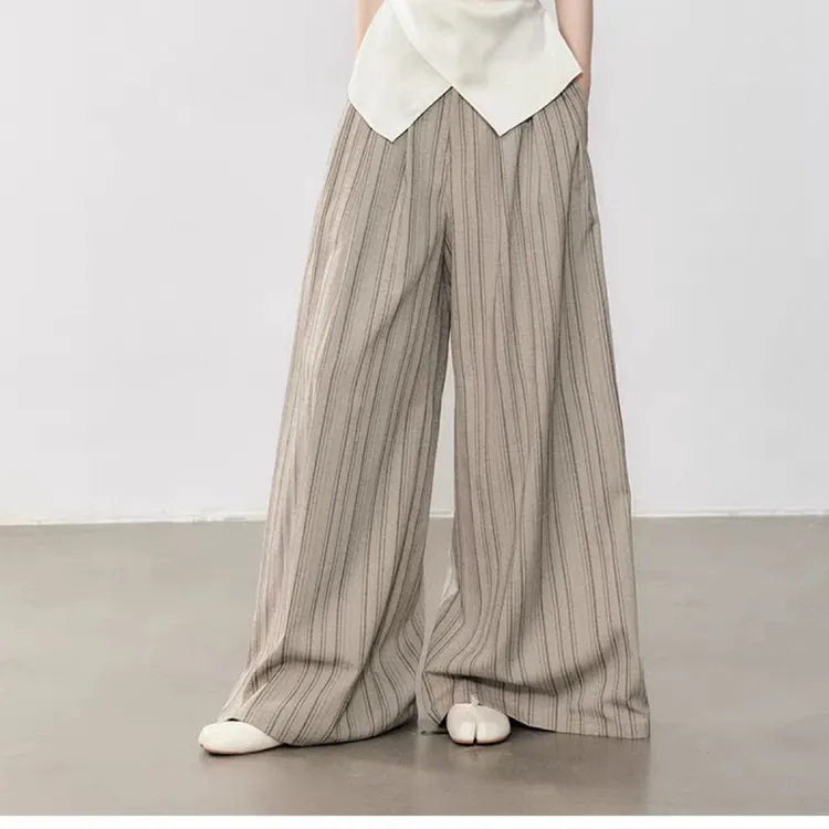 【老钱棉麻条纹阔腿裤】早秋新款女装宽松显瘦棉麻紫色套装两件套