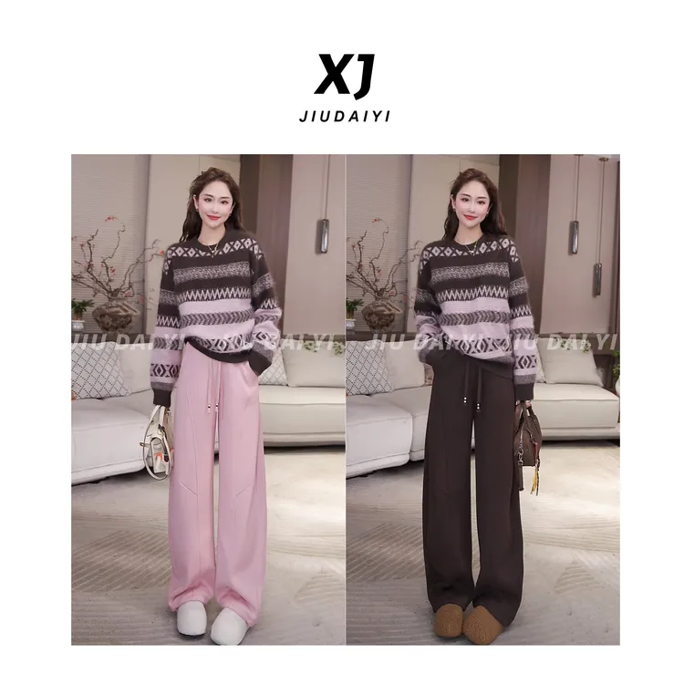 玖黛衣【撞色暖绒】冬季新款撞色加绒加厚直筒裤KZJ47327 KZJ47326