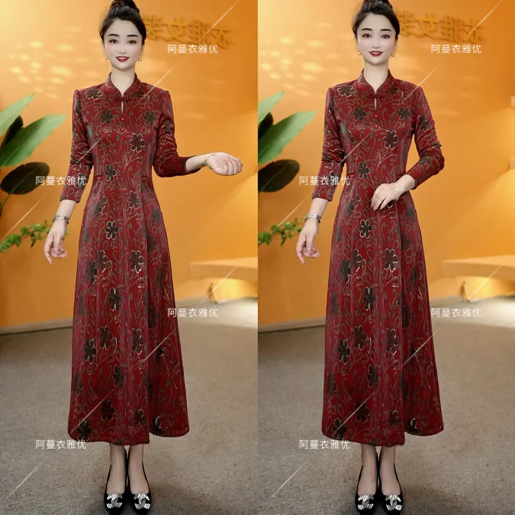 【衣雅严选】8088-1796#新款珠光幻彩琉璃丝烫金改良旗袍连衣裙
