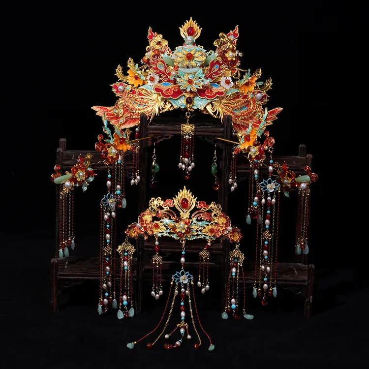 9006新娘头饰皇冠婚礼红色绣片古风金红凤冠霞大气新娘公主