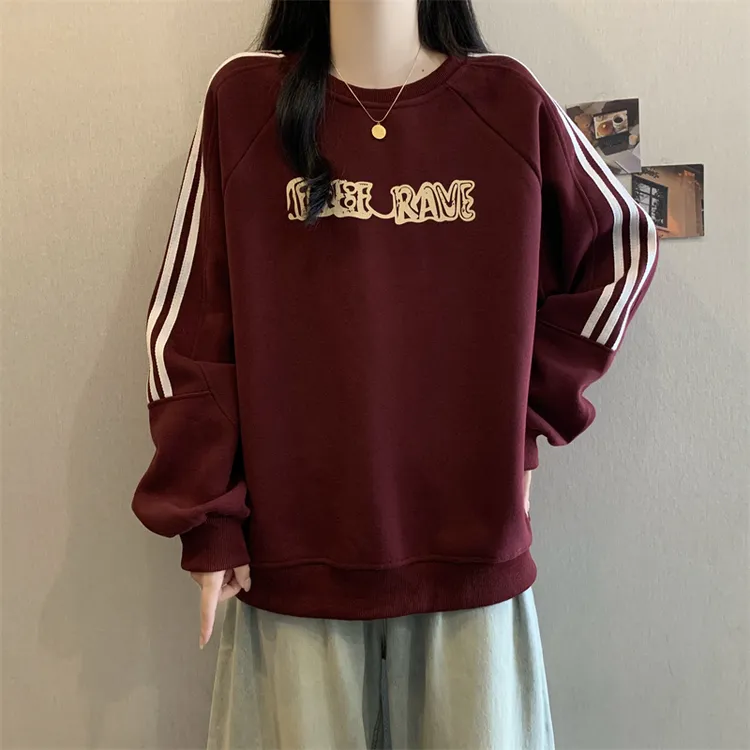 大码胖MM圆领三条杆卫衣女春秋新款宽松设计感小众慵懒风长袖上衣