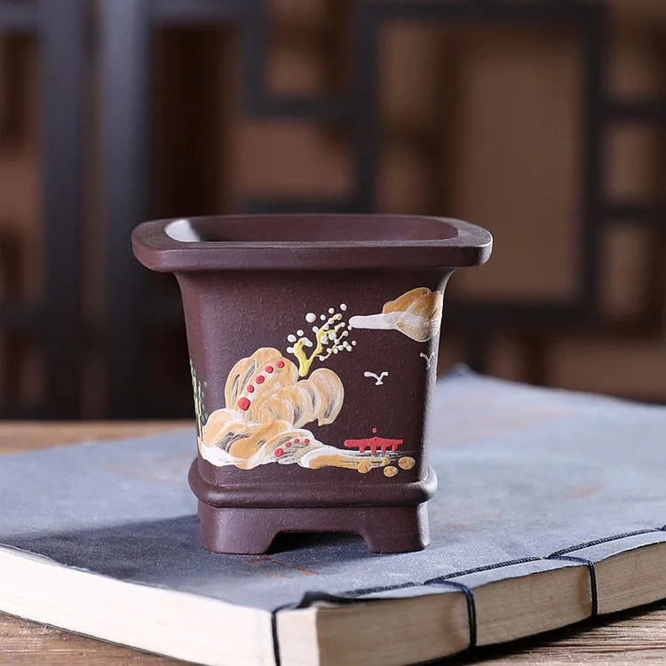 『泥绘底线开口高四方』紫砂小花盆多肉绿植盆景盆栽桌面摆件清仓
