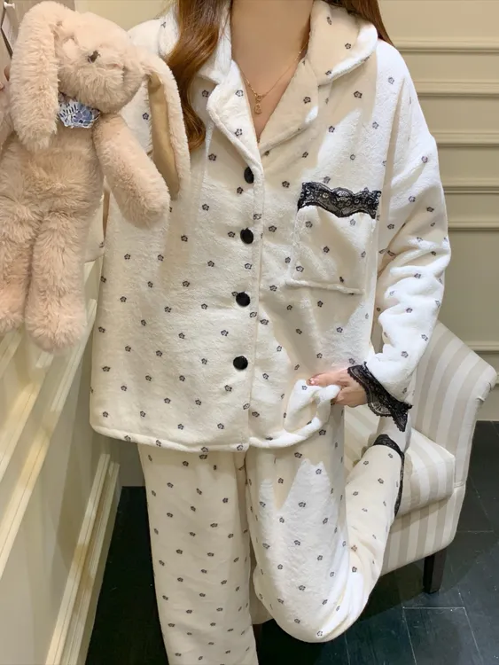 韩系法兰绒蕾丝睡衣女套装秋冬季保暖加绒纯欲可爱风家居服可外穿