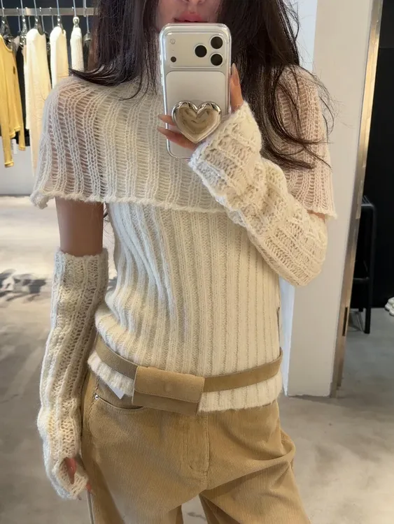 2025秋冬新款韩系高领带袖套针织衫上衣女修身显瘦毛衣灯芯绒长裤