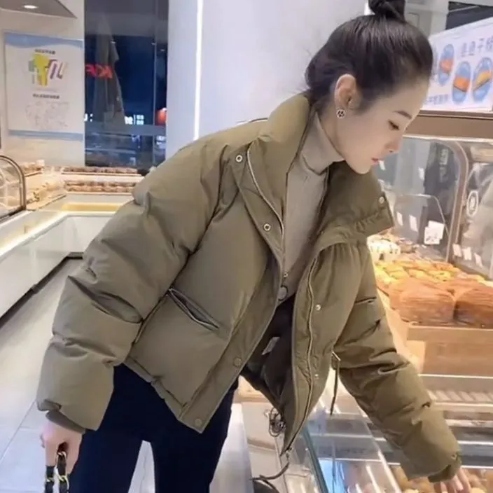 韩版加厚棉服女2025年新款女士休闲百搭面包服小个子纯色立领棉衣