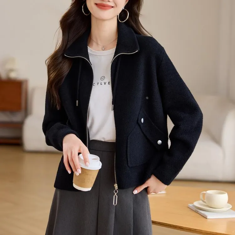 2025年新款秋冬女士黑色香风外套短款小个子爆款翻领毛呢上衣秋季