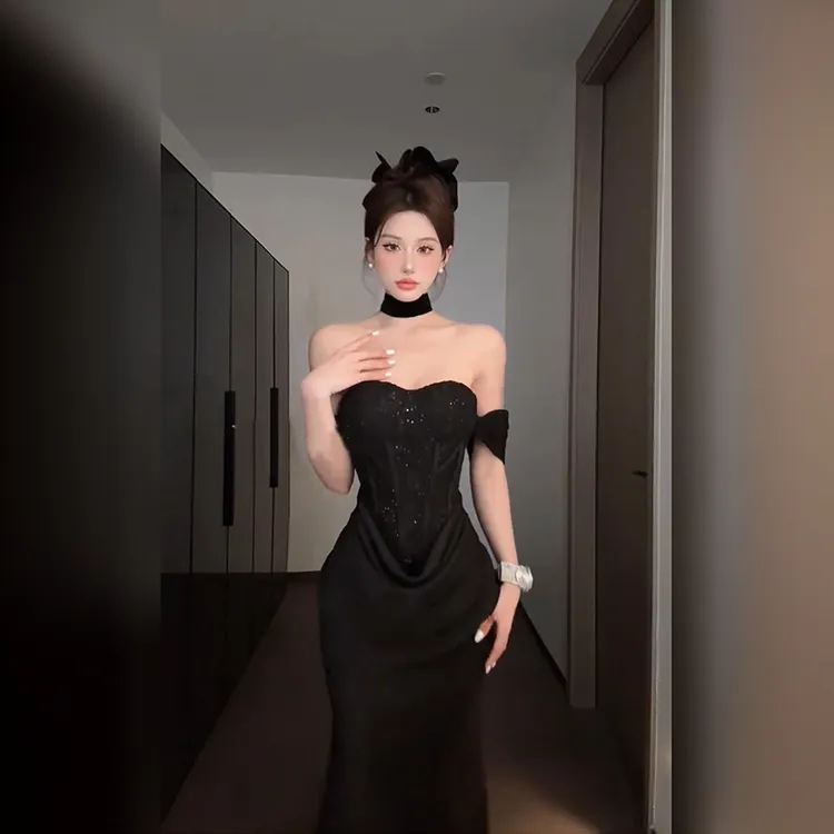 z12330法式重工高级抹胸修身夏季黑色显瘦衣服生日婚宴鱼尾礼服