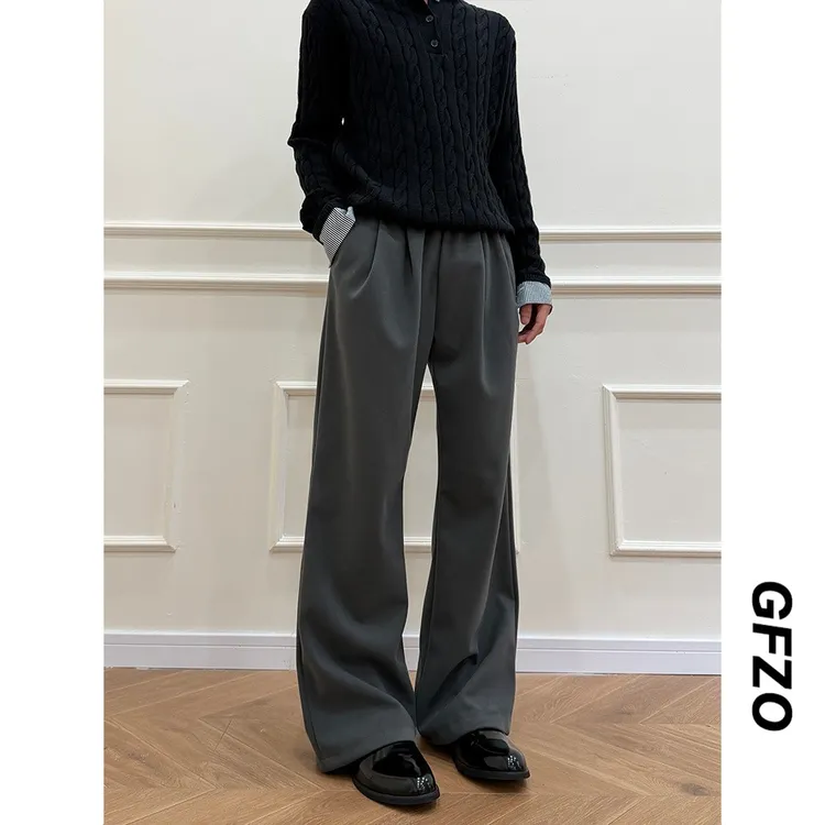 毛呢休闲裤A字阔腿直筒裤百搭宽松星空尼加厚磨毛西裤cleanfit