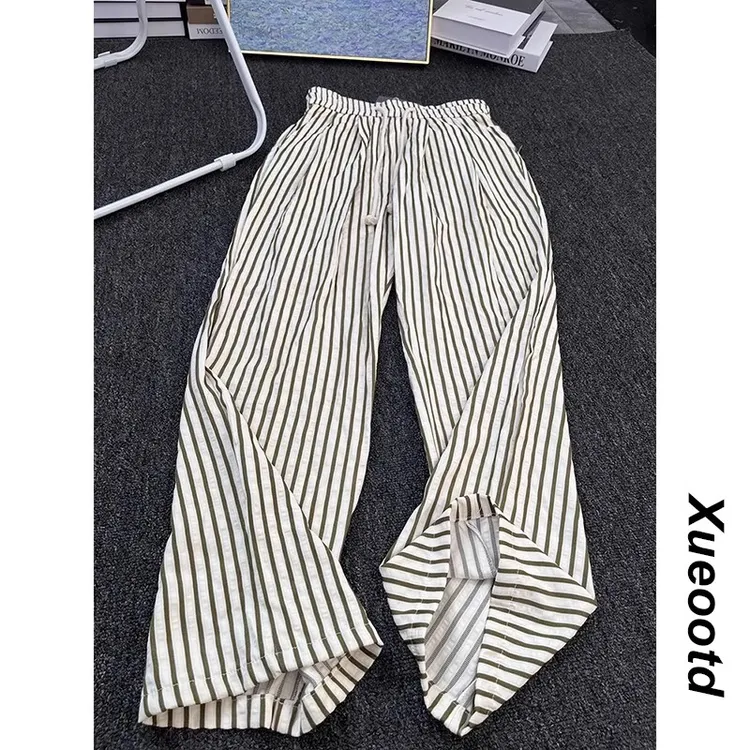 复古绿竖条纹拼接松紧腰抽绳休闲裤子小众垂感褶皱肌理阔腿速干裤