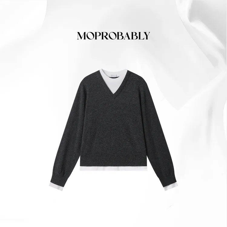 Moprobably贝贝「悦凌」假两件V领百搭套头毛针织衫B5376093