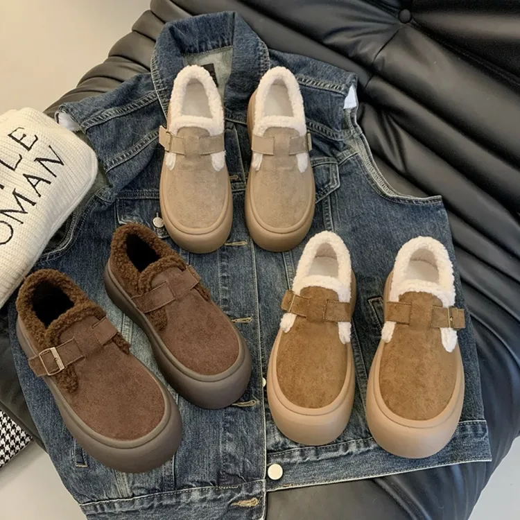 牛皮勃肯鞋女冬季加绒保暖厚底乐福鞋一脚蹬毛毛鞋M968-13