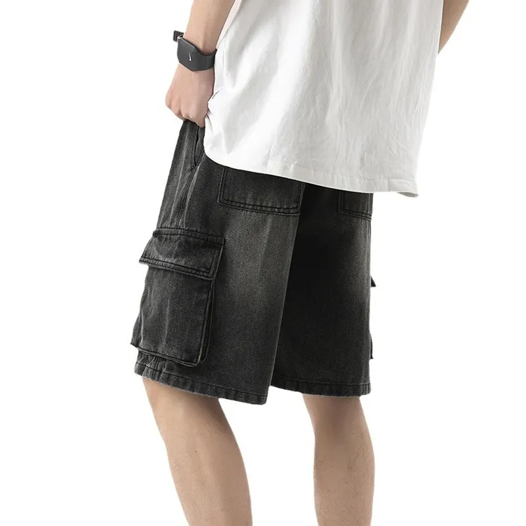 美式复古工装男款水洗牛仔短裤高街宽松休闲五分裤男士松紧腰直筒