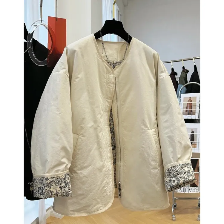 7216高级感复古别致超好看圆领棉服女秋冬慵懒松弛感休闲棉衣外套