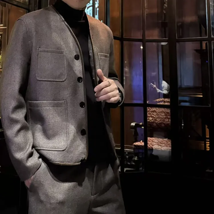 【L*P新贵OLDMQNEY】男士秋季新款50.5羊毛高级质感V领羊毛外套套装