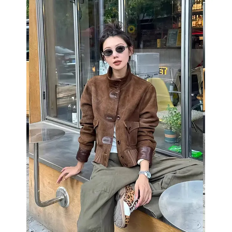 美拉德棕色复古短款夹克女秋季新款高级感立领拼皮机车服外套