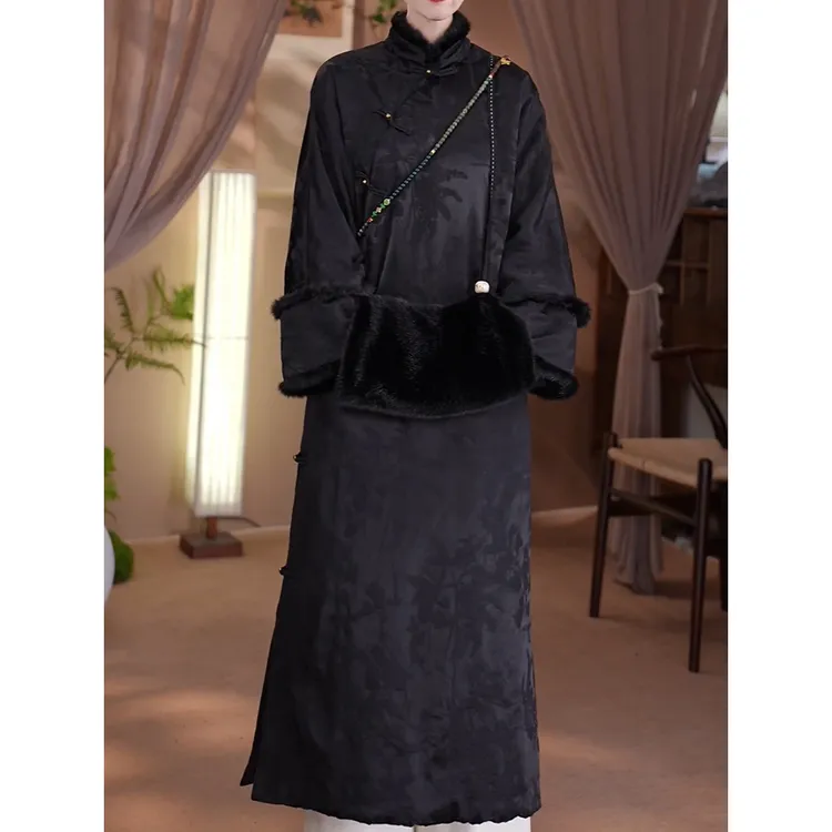 新中式国风旗袍改良长裙2025秋冬新款优雅阔太太气质暗纹棉连衣裙