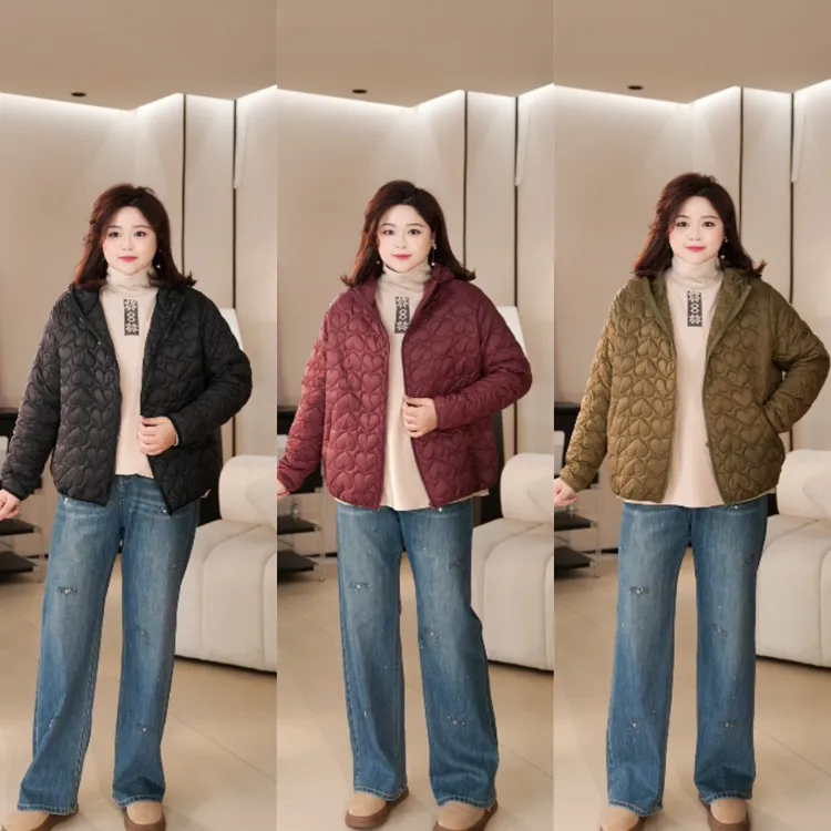 PWD33378【现货仅外套】秋冬休闲连帽桃心大码女装棉服外套【衣长69】