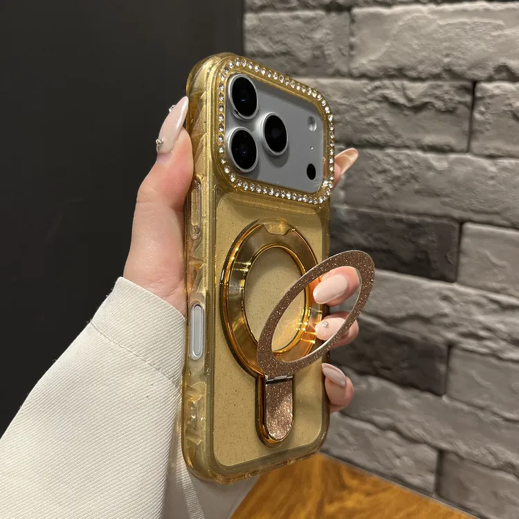 适用于苹果17promax手机壳透明闪粉一体支架水钻镜框网红女款高级