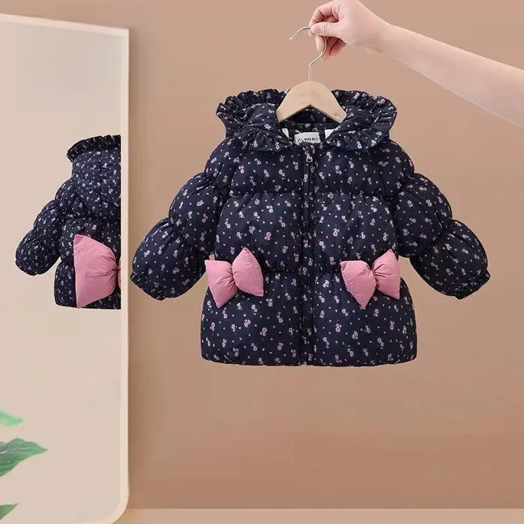 【现货】2025新款棉衣外套冬季加厚加绒儿童碎花大蝴蝶结棉服上衣