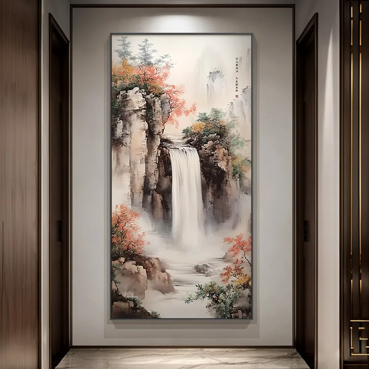 流水生财玄关画挂画入户正对门装饰画新中式大气客厅走廊过道壁画