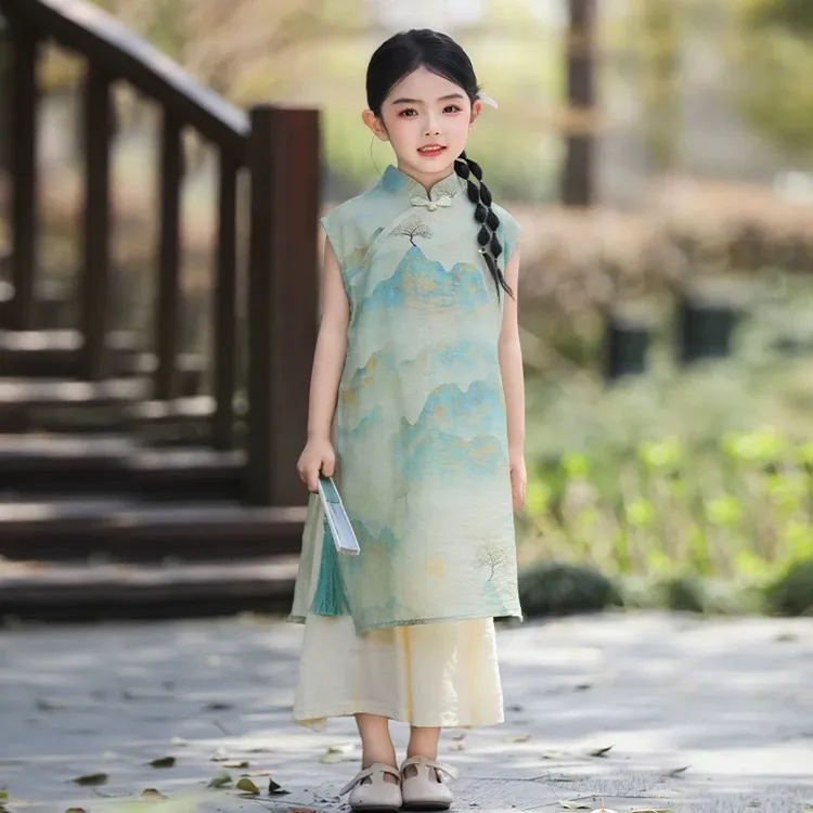 国风儿童旗袍2025夏季新款女童连衣裙中大女童新中式古风汉服套装