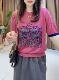 薄款女字母提花短袖减龄针织衫109