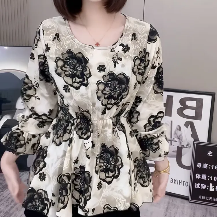 2025早春新款法式收腰上衣花朵印花小衫显瘦温柔风约会通勤穿搭