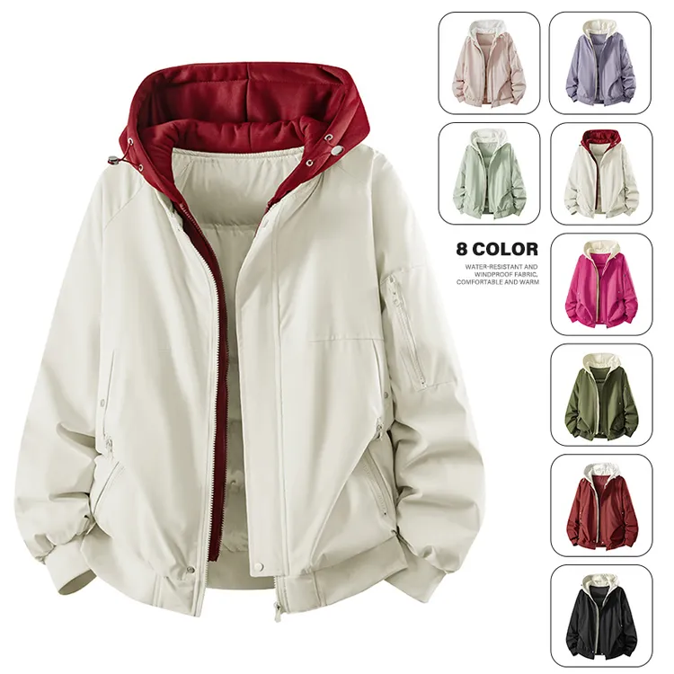 冬季新款棉衣假两件男女同款时尚拼接连帽棉服户外宽松百搭外套男