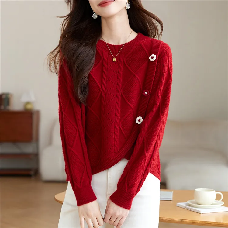 红色小款毛衣女士本命年秋冬新款小个子短款不规则上衣服