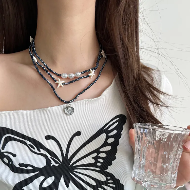 合金亚克力项链 X5900-1时尚百搭高级感轻奢多层叠戴珠珠海星项链