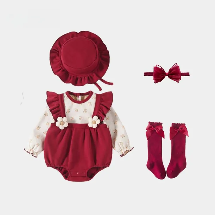 满月婴儿衣服秋装女宝宝百天包屁衣周岁超萌公主礼服秋冬拜年服红