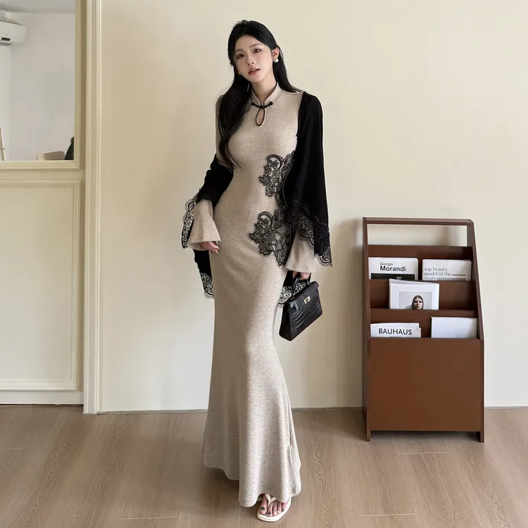 【运补6-8r】新中式复古旗袍连衣裙套装温婉气质秋冬内搭打底裙纯欲御姐包臀裙